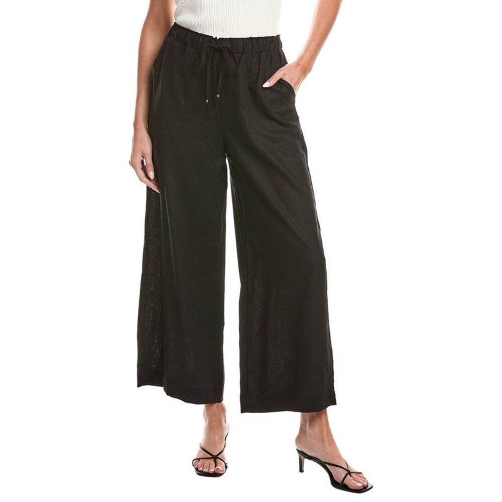 Max Studio Womens Elastic Waist Linen-Blend Wide Leg Pant, Black